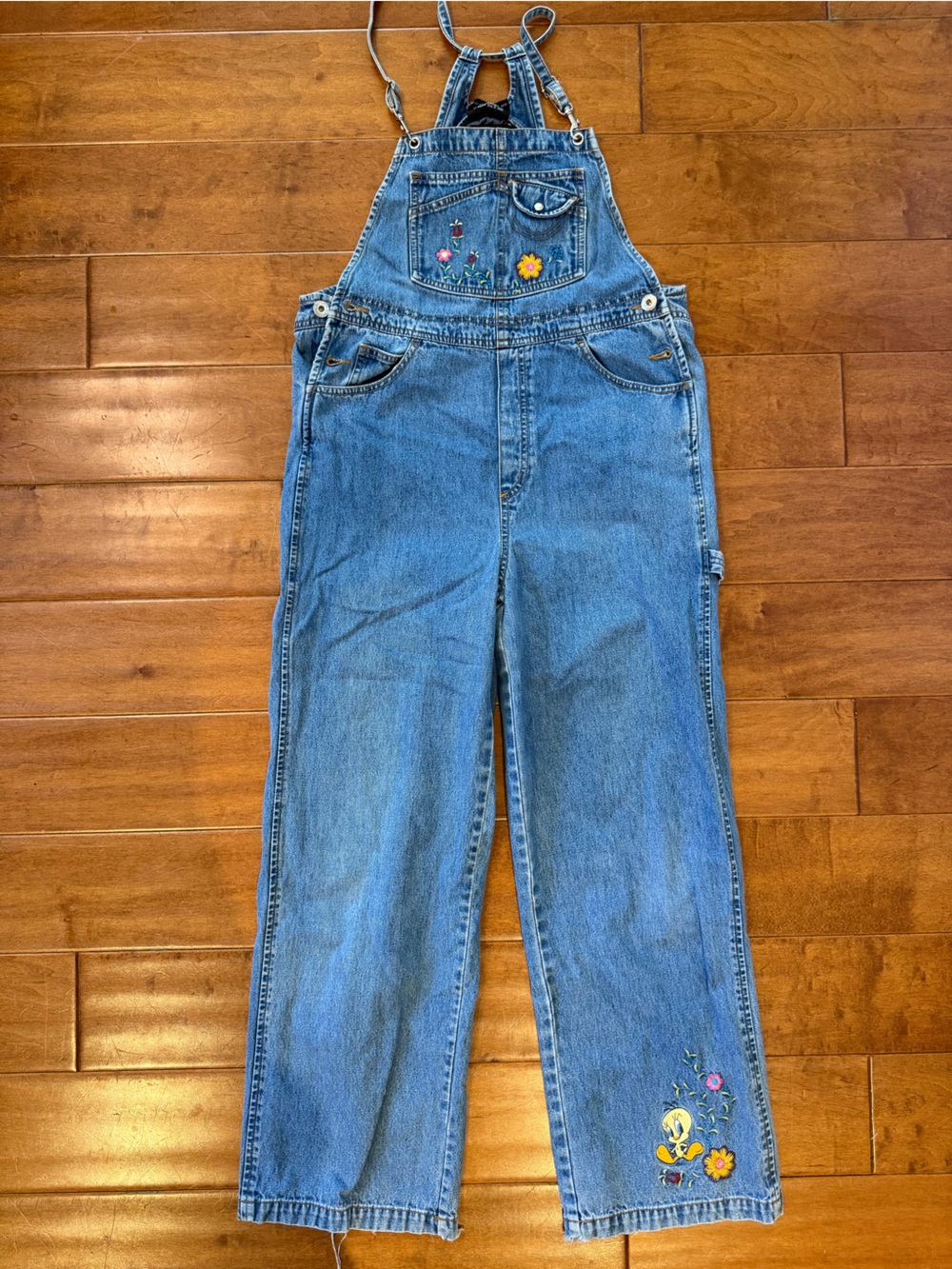 Looney Tunes Vintage Tweety Bird Overalls 90s Size 14 Embroidered Florals